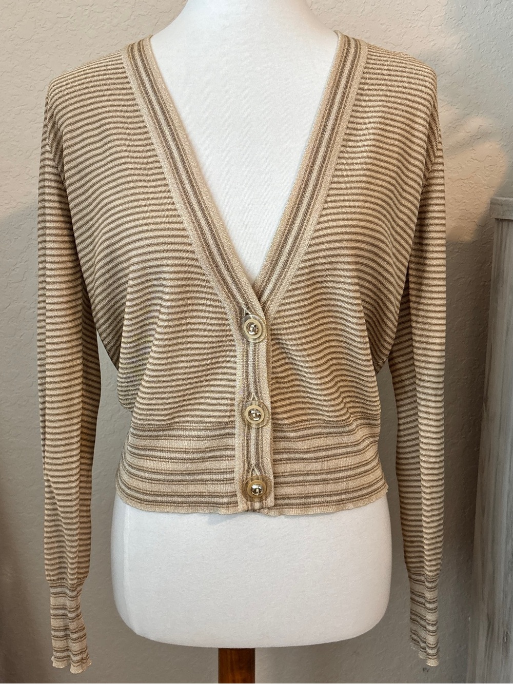 ESCADA Sweater Cardigan Gold Metallic Stripe Ribbed Knit Made in Italy Sz 40